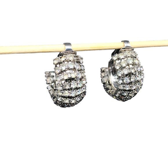 Vintage Crystal Encrusted Hoop Earrings, Clip On, Wide Hoops, Prong Set Rhinesto - Picture 1 of 7
